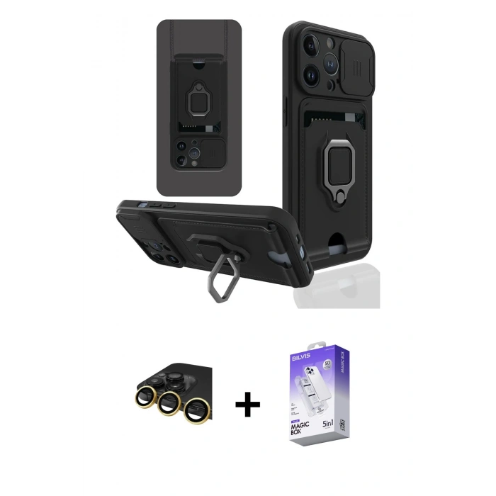 MARSİLYAN™- iPhone 14 Pro Max Kılıf Vadi Form Prime - Siyah Bilvis 5in1 3D Magic Cam Ekran Koruyucu + Gold Raze Metal Kamera Lens
