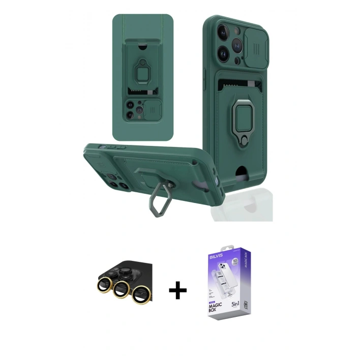 MARSİLYAN™- iPhone 14 Pro Max Kılıf Vadi Form Prime - Siyah Bilvis 5in1 3D Magic Cam Ekran Koruyucu + Gold Raze Metal Kamera Lens