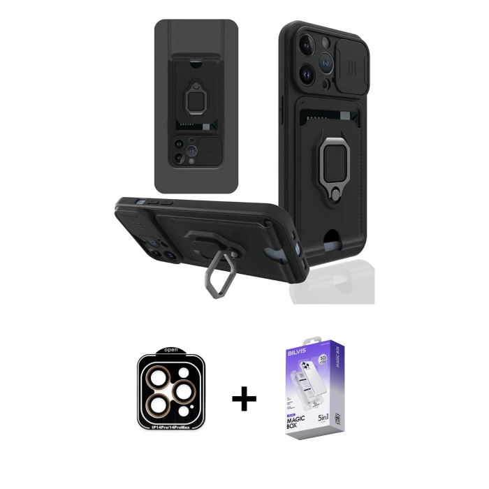 MARSİLYAN™- iPhone 14 Pro Max Kılıf Vadi Form Prime - Siyah Bilvis 5in1 3D Magic Cam Ekran Koruyucu + PVD Metal Kamera Lens - TU