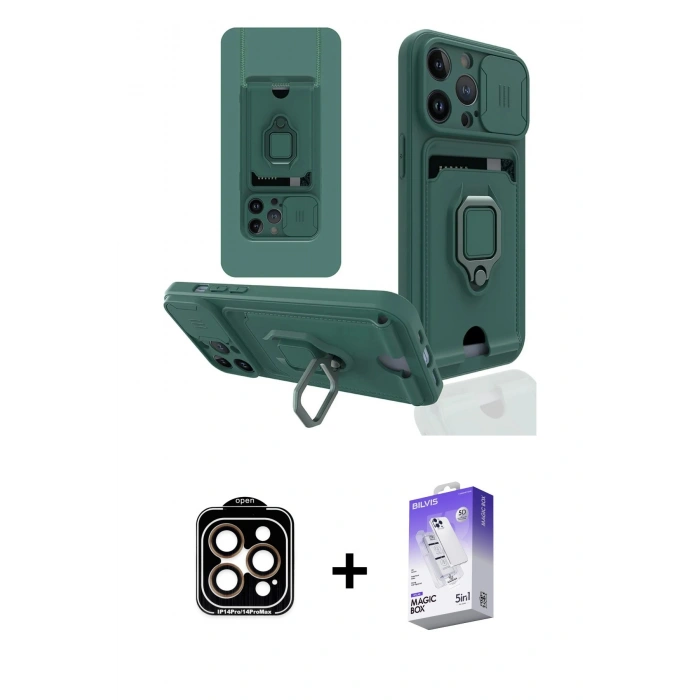 MARSİLYAN™- iPhone 14 Pro Max Kılıf Vadi Form Prime - Siyah Bilvis 5in1 3D Magic Cam Ekran Koruyucu + PVD Metal Kamera Lens - TU