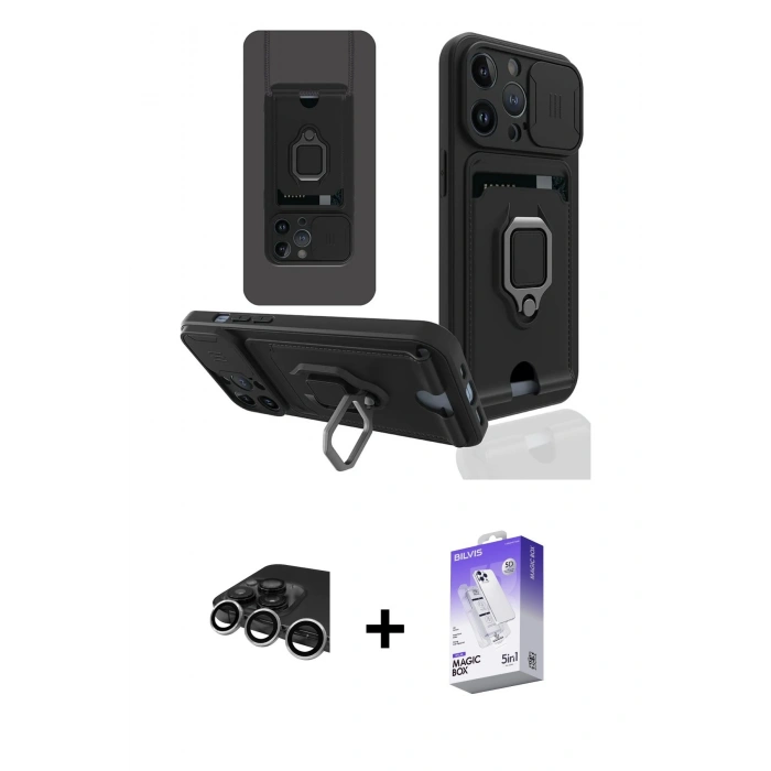 MARSİLYAN™- iPhone 14 Pro Max Kılıf Vadi Form Prime - Siyah Bilvis 5in1 3D Magic Cam Ekran Koruyucu + Raze Metal Kamera Lens - GS