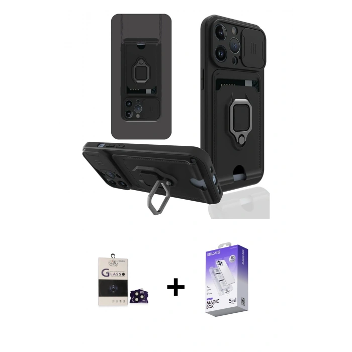 MARSİLYAN™- iPhone 14 Pro Max Kılıf Vadi Form Prime - Siyah Bilvis 5in1 3D Magic Cam Ekran Koruyucu + Siyah Bilvis Titan Kamera Lens