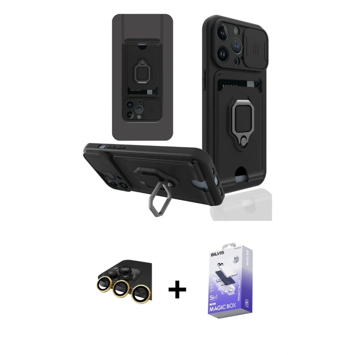 MARSİLYAN™- iPhone 14 Pro Max Kılıf Vadi Form Prime - Siyah Bilvis 5in1 5D Magic Hayalet Cam Ekran Koruyucu + Raze Metal Kamera Lens - GD