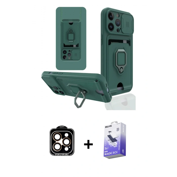 MARSİLYAN™- iPhone 14 Pro Max Kılıf Vadi Form Prime - Siyah Bilvis 5in1 5D Magic Hayalet Cam Ekran Koruyucu + PVD Metal Kamera Lens - TU