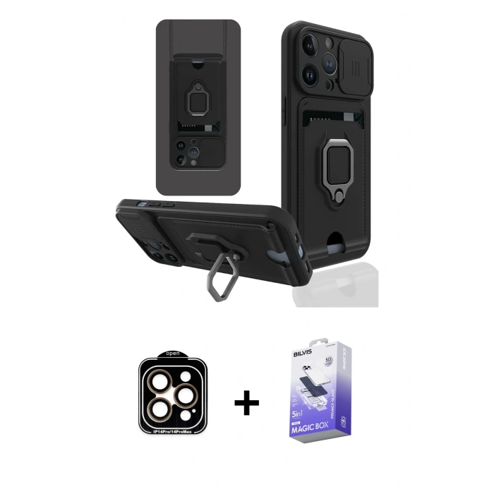 MARSİLYAN™- iPhone 14 Pro Max Kılıf Vadi Form Prime - Siyah Bilvis 5in1 5D Magic Hayalet Cam Ekran Koruyucu + PVD Metal Kamera Lens - TU
