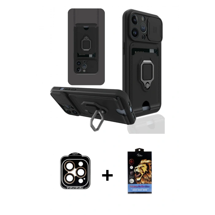 MARSİLYAN™- iPhone 14 Pro Max Kılıf Vadi Form Prime - Siyah Buffer Hayalet Cam Ekran Koruyucu + PVD Metal Kamera Lens - TU