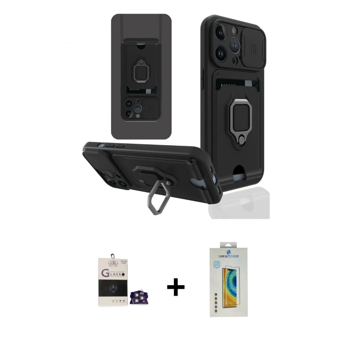 MARSİLYAN™- iPhone 14 Pro Max Kılıf Vadi Form Prime - Siyah Polymer Nano Ekran Koruyucu + Gümüş Bilvis Titan Kamera Lens