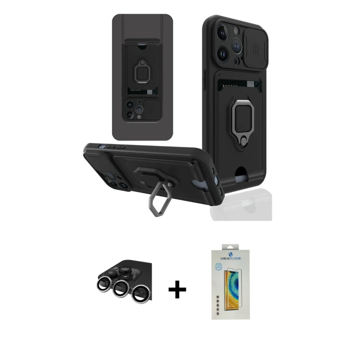 MARSİLYAN™- iPhone 14 Pro Max Kılıf Vadi Form Prime - Siyah Polymer Nano Ekran Koruyucu + Raze Metal Kamera Lens - GS