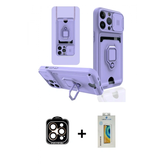 MARSİLYAN™- iPhone 14 Pro Max Kılıf Vadi Form Prime - Siyah Polymer Nano Ekran Koruyucu + Turuncu PVD Metal Kamera Lens