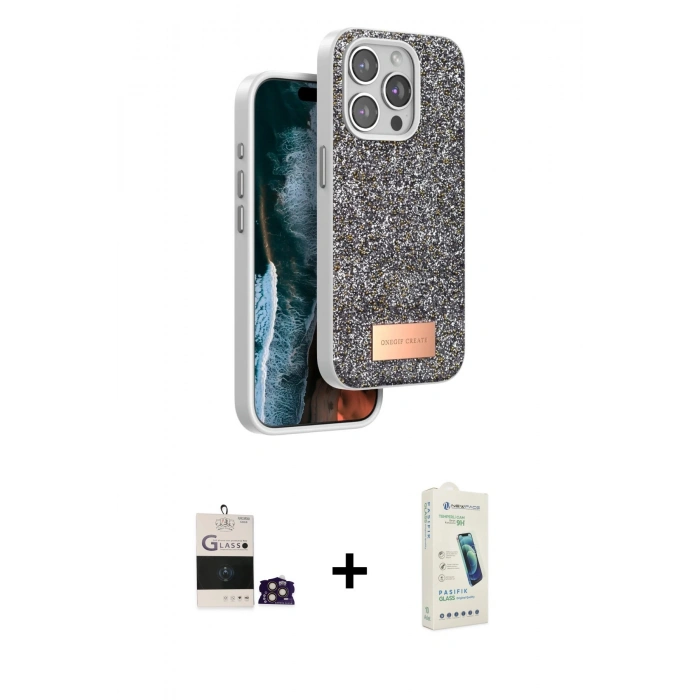MARSİLYAN™- iPhone 14 Pro Max Kılıf Vadi Klasik Serisi - Şeffaf Pasifik Cam Ekran Koruyucu + Bilvis Titan Kamera Lens - GD