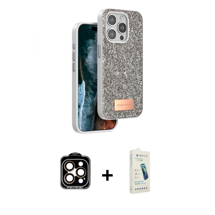 MARSİLYAN™- iPhone 14 Pro Max Kılıf Vadi Klasik Serisi - Şeffaf Pasifik Cam Ekran Koruyucu + PVD Metal Kamera Lens - TU