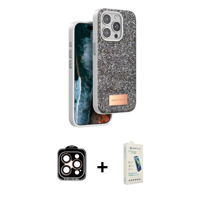 MARSİLYAN™- iPhone 14 Pro Max Kılıf Vadi Klasik Serisi - Şeffaf Pasifik Cam Ekran Koruyucu + PVD Metal Kamera Lens - TU
