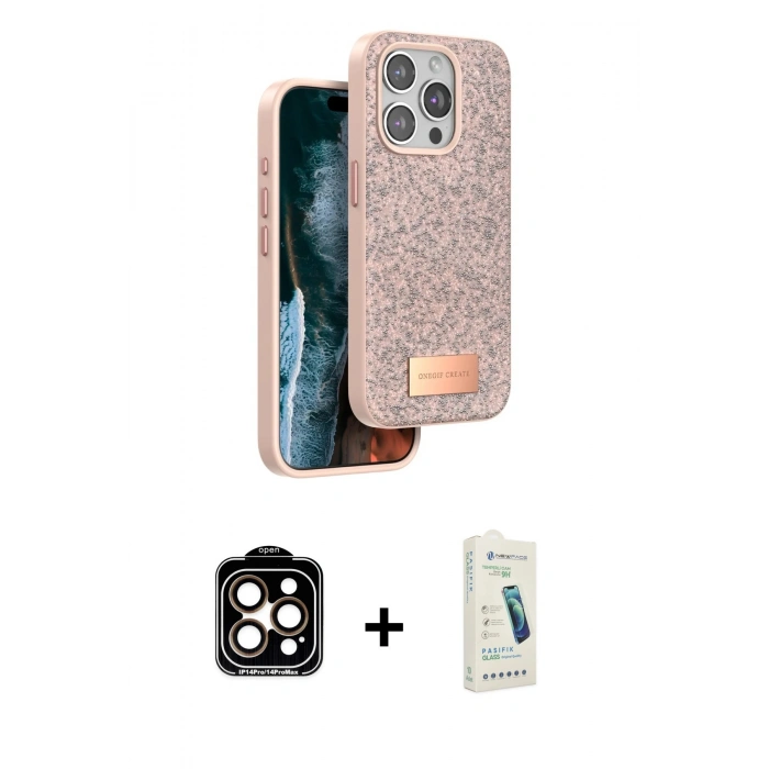 MARSİLYAN™- iPhone 14 Pro Max Kılıf Vadi Klasik Serisi - Şeffaf Pasifik Cam Ekran Koruyucu + PVD Metal Kamera Lens - TU