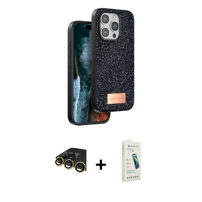 MARSİLYAN™- iPhone 14 Pro Max Kılıf Vadi Klasik Serisi - Şeffaf Pasifik Cam Ekran Koruyucu + Raze Metal Kamera Lens - GD