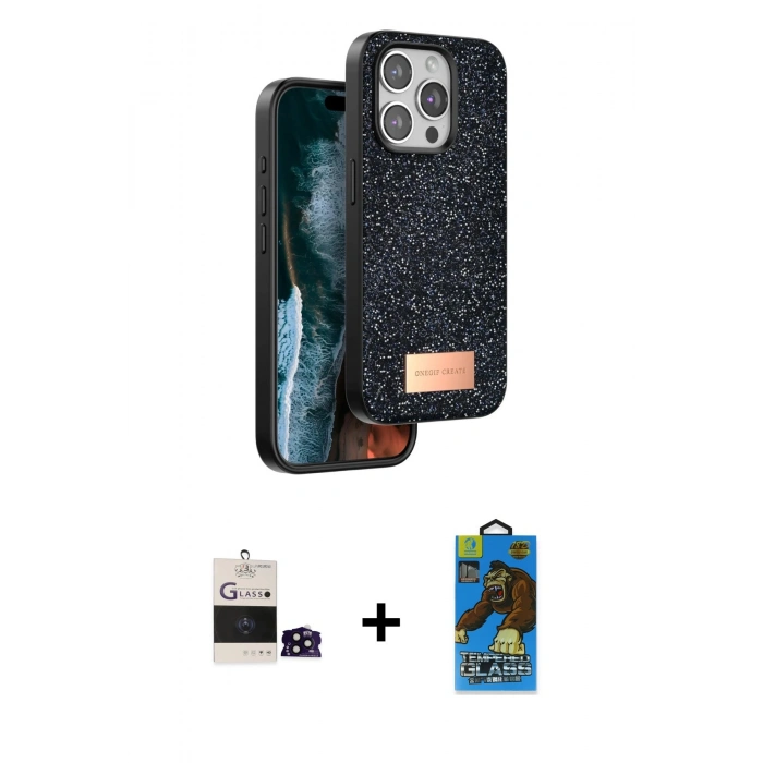 MARSİLYAN™- iPhone 14 Pro Max Kılıf Vadi Klasik Serisi - Siyah 18D Cam Ekran Koruyucu + Bilvis Titan Kamera Lens - SH