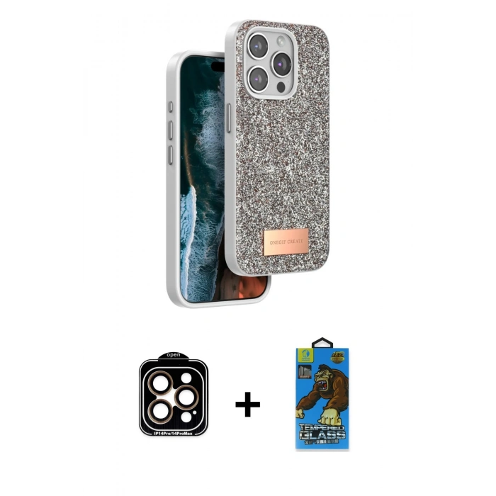 MARSİLYAN™- iPhone 14 Pro Max Kılıf Vadi Klasik Serisi - Siyah 18D Cam Ekran Koruyucu + PVD Metal Kamera Lens - TU