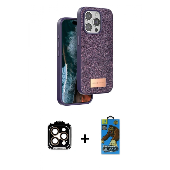 MARSİLYAN™- iPhone 14 Pro Max Kılıf Vadi Klasik Serisi - Siyah 18D Cam Ekran Koruyucu + PVD Metal Kamera Lens - TU