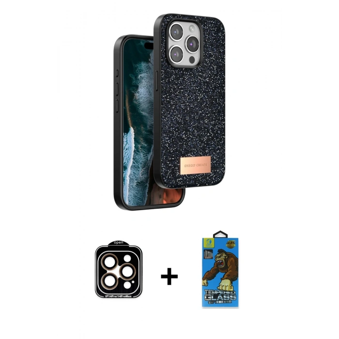 MARSİLYAN™- iPhone 14 Pro Max Kılıf Vadi Klasik Serisi - Siyah 18D Cam Ekran Koruyucu + PVD Metal Kamera Lens - TU