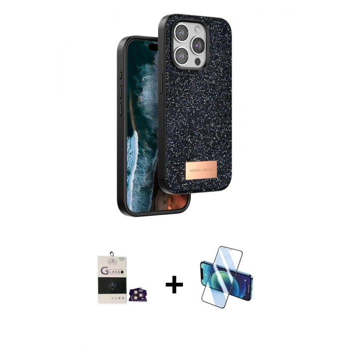 MARSİLYAN™- iPhone 14 Pro Max Kılıf Vadi Klasik Serisi - Siyah 3D Antistatik Cam Ekran Koruyucu + Bilvis Titan Kamera Lens - GD
