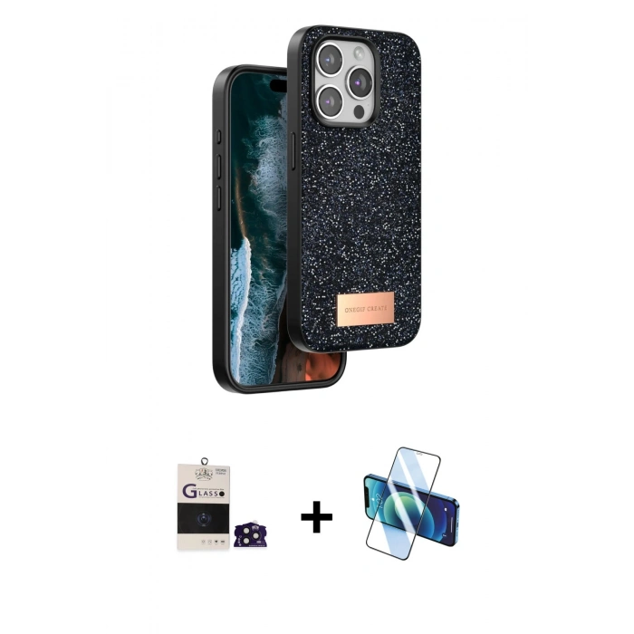 MARSİLYAN™- iPhone 14 Pro Max Kılıf Vadi Klasik Serisi - Siyah 3D Antistatik Cam Ekran Koruyucu + Bilvis Titan Kamera Lens - DNMR