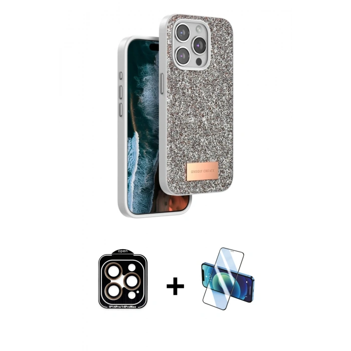 MARSİLYAN™- iPhone 14 Pro Max Kılıf Vadi Klasik Serisi - Siyah 3D Antistatik Cam Ekran Koruyucu + PVD Metal Kamera Lens - TU