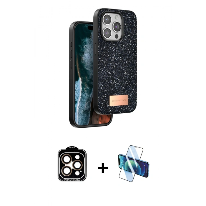 MARSİLYAN™- iPhone 14 Pro Max Kılıf Vadi Klasik Serisi - Siyah 3D Antistatik Cam Ekran Koruyucu + PVD Metal Kamera Lens - TU