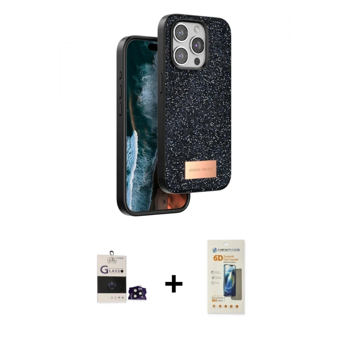 MARSİLYAN™- iPhone 14 Pro Max Kılıf Vadi Klasik Serisi - Siyah 6D Mat Seramik Hayalet Nano Ekran Koruyucu + Bilvis Titan Kamera Lens - SH