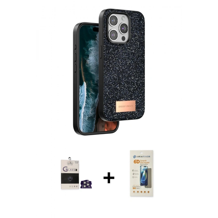 MARSİLYAN™- iPhone 14 Pro Max Kılıf Vadi Klasik Serisi - Siyah 6D Mat Seramik Hayalet Nano Ekran Koruyucu + Bilvis Titan Kamera Lens - GS