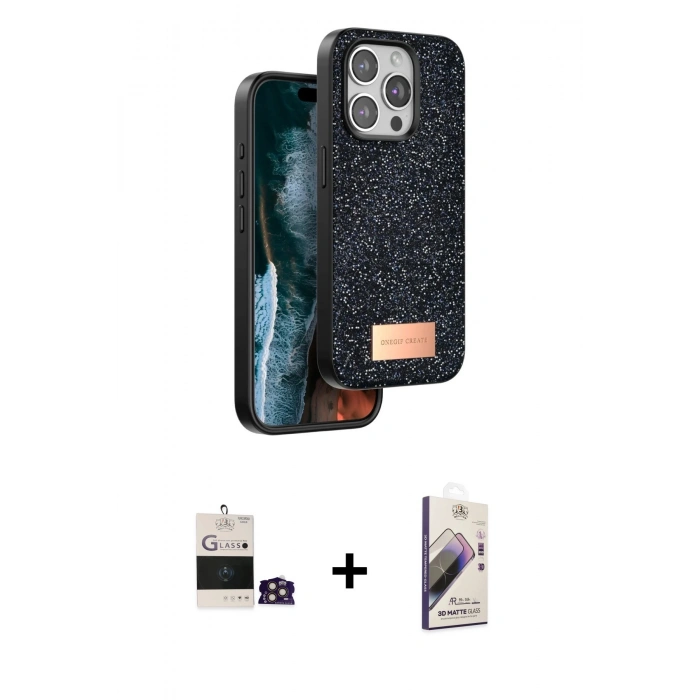 MARSİLYAN™- iPhone 14 Pro Max Kılıf Vadi Klasik Serisi - Siyah Bilvis 3D Mat Cam Ekran Koruyucu + Bilvis Titan Kamera Lens - GD