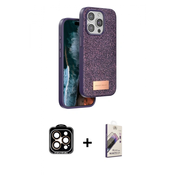 MARSİLYAN™- iPhone 14 Pro Max Kılıf Vadi Klasik Serisi - Siyah Bilvis 3D Mat Cam Ekran Koruyucu + PVD Metal Kamera Lens - TU