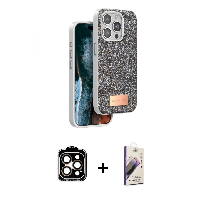 MARSİLYAN™- iPhone 14 Pro Max Kılıf Vadi Klasik Serisi - Siyah Bilvis 3D Mat Cam Ekran Koruyucu + PVD Metal Kamera Lens - TU