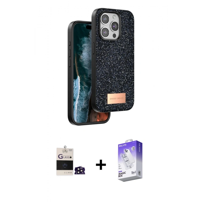 MARSİLYAN™- iPhone 14 Pro Max Kılıf Vadi Klasik Serisi - Siyah Bilvis 5in1 3D Magic Cam Ekran Koruyucu + Bilvis Titan Kamera Lens - DNMR