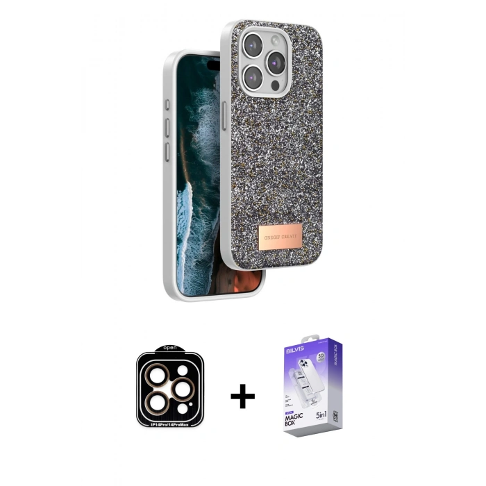 MARSİLYAN™- iPhone 14 Pro Max Kılıf Vadi Klasik Serisi - Siyah Bilvis 5in1 3D Magic Cam Ekran Koruyucu + PVD Metal Kamera Lens - TU