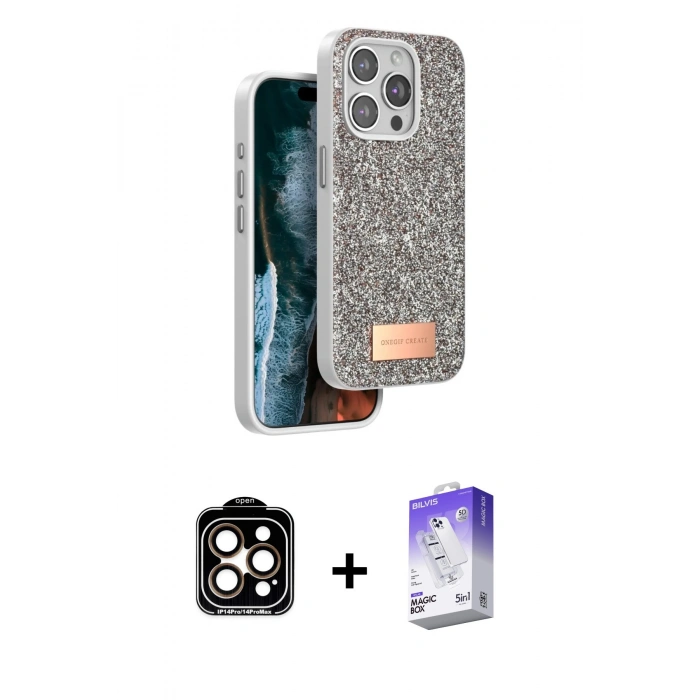 MARSİLYAN™- iPhone 14 Pro Max Kılıf Vadi Klasik Serisi - Siyah Bilvis 5in1 3D Magic Cam Ekran Koruyucu + PVD Metal Kamera Lens - TU
