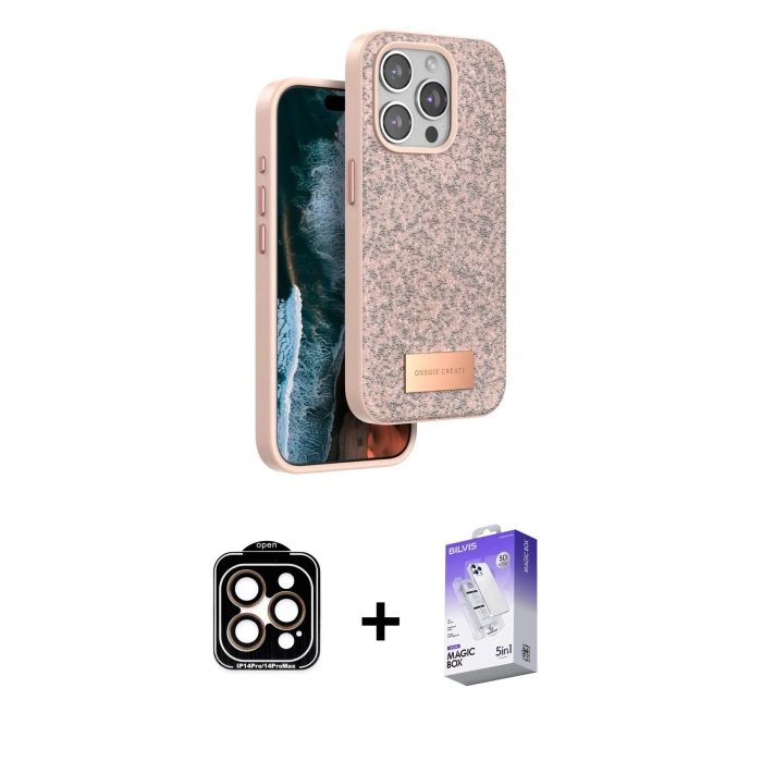 MARSİLYAN™- iPhone 14 Pro Max Kılıf Vadi Klasik Serisi - Siyah Bilvis 5in1 3D Magic Cam Ekran Koruyucu + PVD Metal Kamera Lens - TU