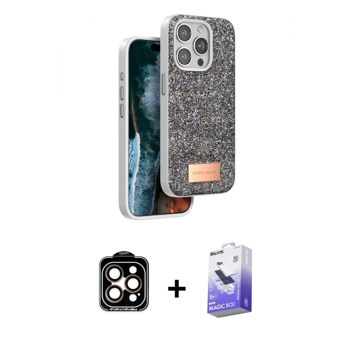 MARSİLYAN™- iPhone 14 Pro Max Kılıf Vadi Klasik Serisi - Siyah Bilvis 5in1 5D Magic Hayalet Cam Ekran Koruyucu + PVD Metal Kamera Lens - TU