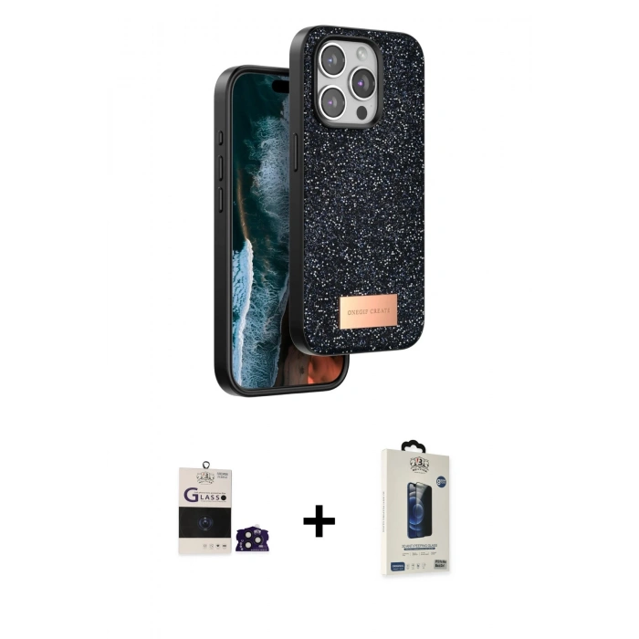 MARSİLYAN™- iPhone 14 Pro Max Kılıf Vadi Klasik Serisi - Siyah Bilvis Hayalet Cam Ekran Koruyucu + Bilvis Titan Kamera Lens - DNMR