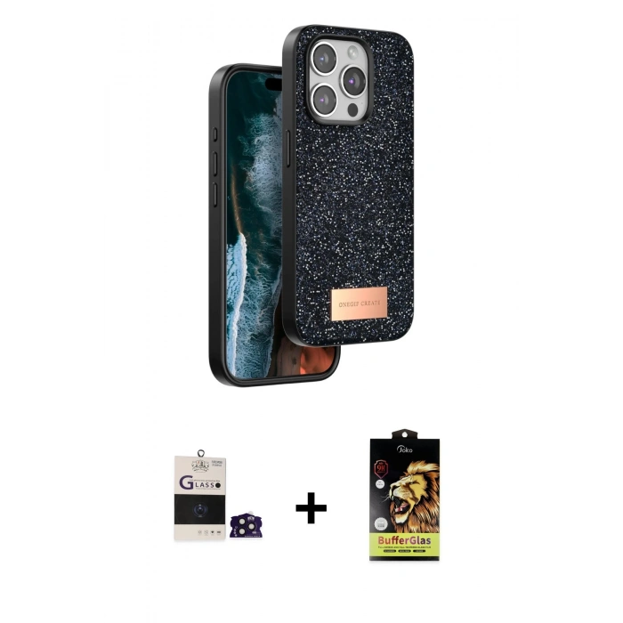 MARSİLYAN™- iPhone 14 Pro Max Kılıf Vadi Klasik Serisi - Siyah Buffer Cam Ekran Koruyucu + Bilvis Titan Kamera Lens - DNMR