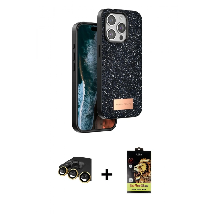 MARSİLYAN™- iPhone 14 Pro Max Kılıf Vadi Klasik Serisi - Siyah Buffer Cam Ekran Koruyucu + Raze Metal Kamera Lens - GD