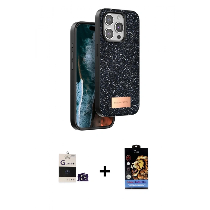 MARSİLYAN™- iPhone 14 Pro Max Kılıf Vadi Klasik Serisi - Siyah Buffer Hayalet Cam Ekran Koruyucu + Bilvis Titan Kamera Lens - DNMR