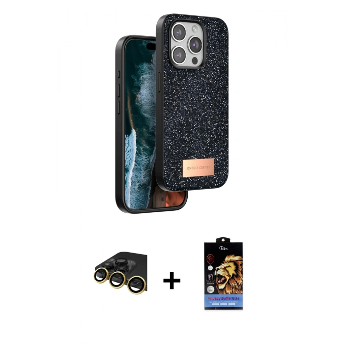 MARSİLYAN™- iPhone 14 Pro Max Kılıf Vadi Klasik Serisi - Siyah Buffer Hayalet Cam Ekran Koruyucu + Raze Metal Kamera Lens - GD