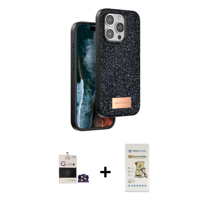 MARSİLYAN™- iPhone 14 Pro Max Kılıf Vadi Klasik Serisi - Siyah Mat Seramik Nano Ekran Koruyucu + Bilvis Titan Kamera Lens - GS