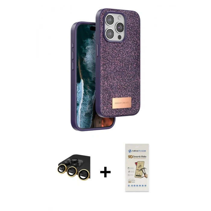 MARSİLYAN™- iPhone 14 Pro Max Kılıf Vadi Klasik Serisi - Siyah Mat Seramik Nano Ekran Koruyucu + Raze Metal Kamera Lens - GD