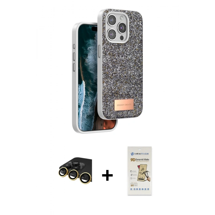 MARSİLYAN™- iPhone 14 Pro Max Kılıf Vadi Klasik Serisi - Siyah Mat Seramik Nano Ekran Koruyucu + Raze Metal Kamera Lens - GD