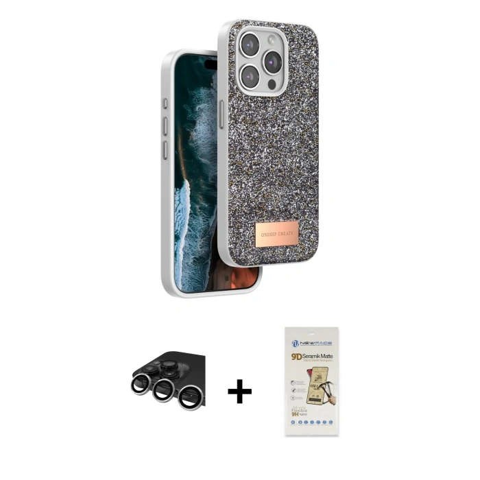 MARSİLYAN™- iPhone 14 Pro Max Kılıf Vadi Klasik Serisi - Siyah Mat Seramik Nano Ekran Koruyucu + Raze Metal Kamera Lens - GS