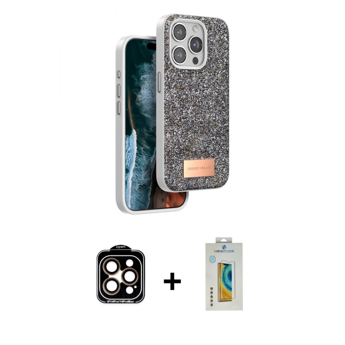 MARSİLYAN™- iPhone 14 Pro Max Kılıf Vadi Klasik Serisi - Siyah Polymer Nano Ekran Koruyucu + PVD Metal Kamera Lens - TU
