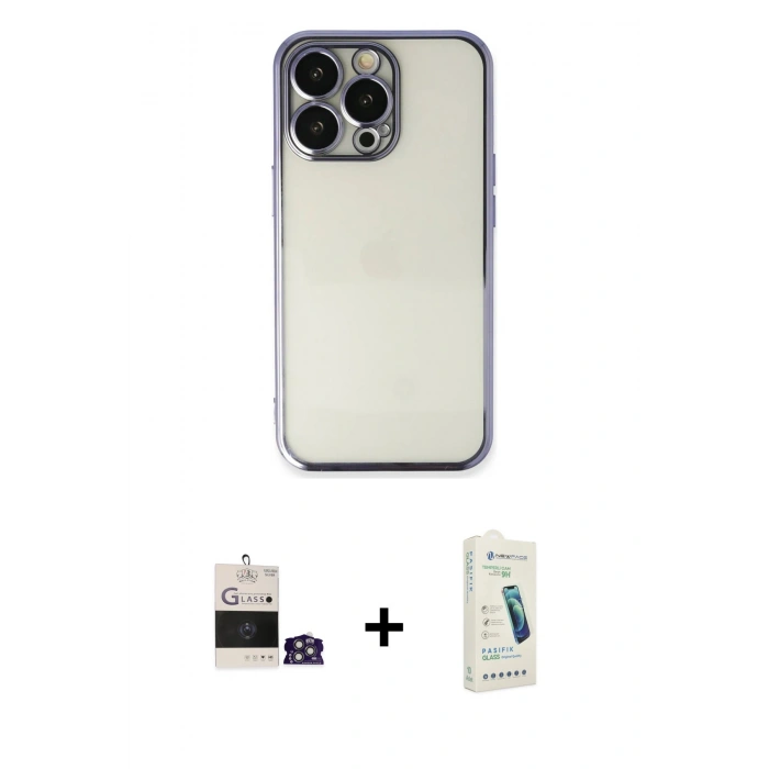 MARSİLYAN™- iPhone 14 Pro Max Kılıf Vadi Minimal - Şeffaf Pasifik Cam Ekran Koruyucu + Gümüş Bilvis Titan Kamera Lens