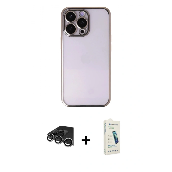 MARSİLYAN™- iPhone 14 Pro Max Kılıf Vadi Minimal - Şeffaf Pasifik Cam Ekran Koruyucu + Raze Metal Kamera Lens - GS