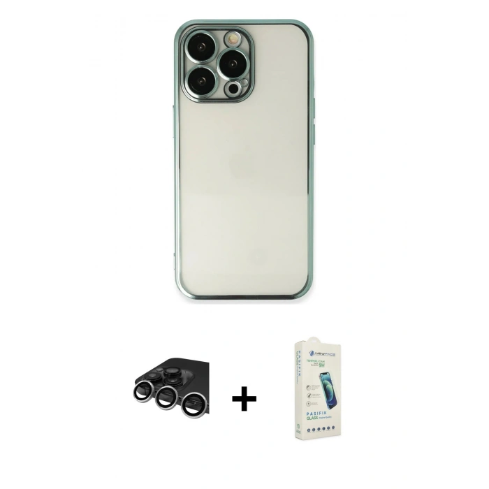 MARSİLYAN™- iPhone 14 Pro Max Kılıf Vadi Minimal - Şeffaf Pasifik Cam Ekran Koruyucu + Raze Metal Kamera Lens - GS