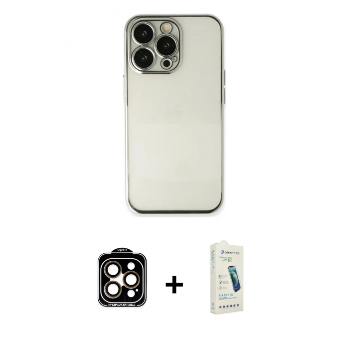 MARSİLYAN™- iPhone 14 Pro Max Kılıf Vadi Minimal - Şeffaf Pasifik Cam Ekran Koruyucu + PVD Metal Kamera Lens - TU